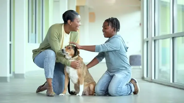 A family happily adopting a new dog from the shelter